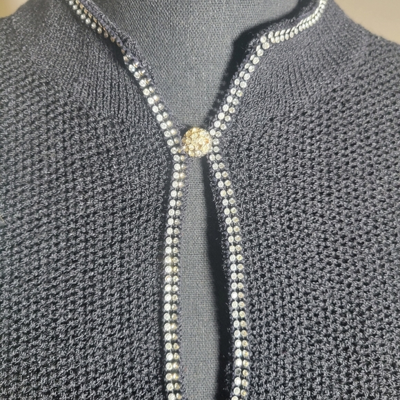 VINTAGE PUFF SLEEVE BLACK COTTON BLEND RHINESTONE TRIM SWEATER - Picture 6 of 8